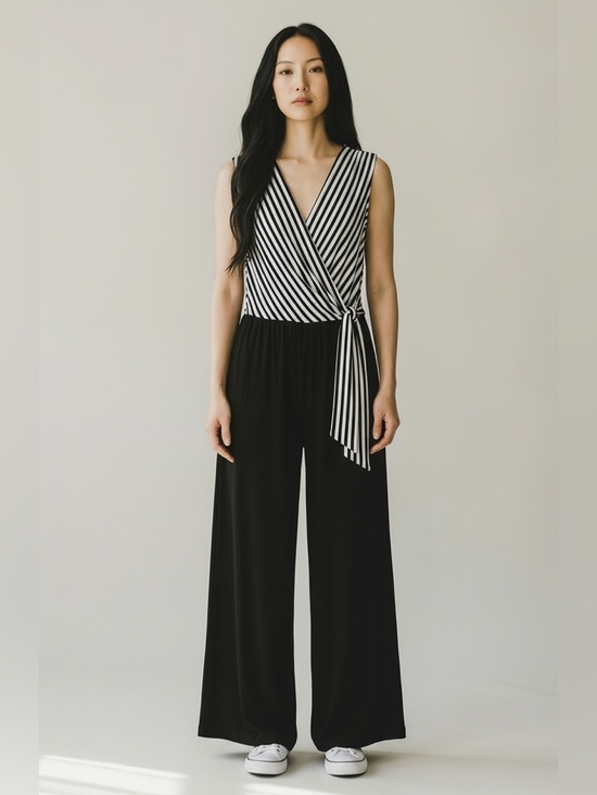 Tash + Sophie Pants - Striped Black & White Wrap Jumpsuit with Self-Tie